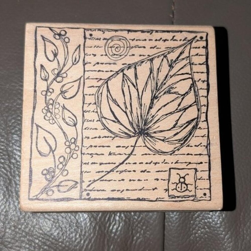 Magenta Leaf Vine Collage Wood Mounted Rubber Stamp Square 3"x3" Large Wooden